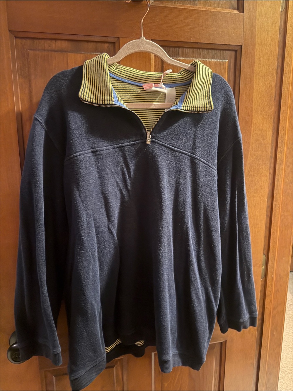 Women’s Navy Quarter-Zip Sweater with Striped Contrast Collar